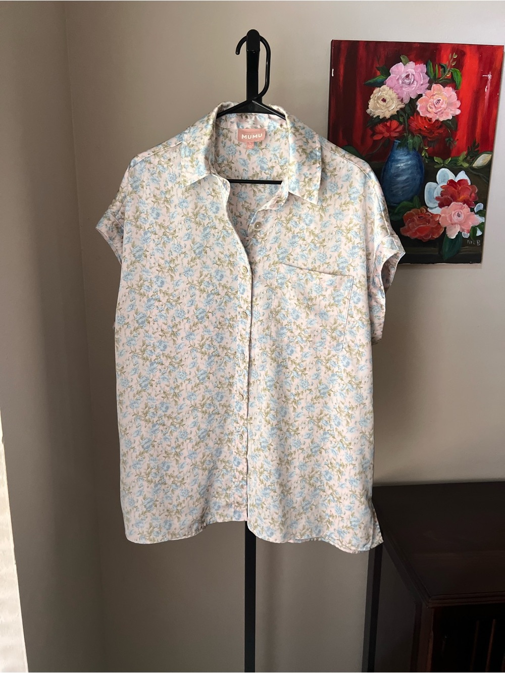 Show me your Mumu Light Floral Button-Up night satin Shirt — Pastel Blue & Cream
